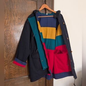 Vtg Wool Wooden Toggle Jacket w/ Colorful Cotton Lining Vintage Maggie Lawrence